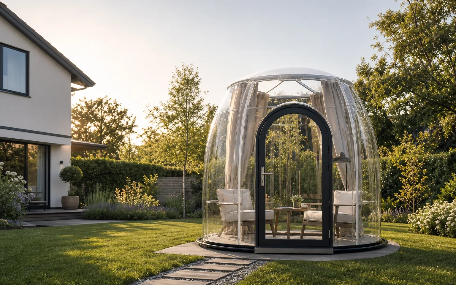 Transparent Celenest bubble house on a garden lawn at dusk